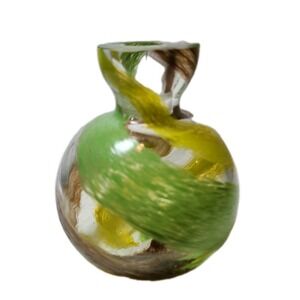 Hand-blown art glass perfume bottle featuring green, yellow, and brown swirls.